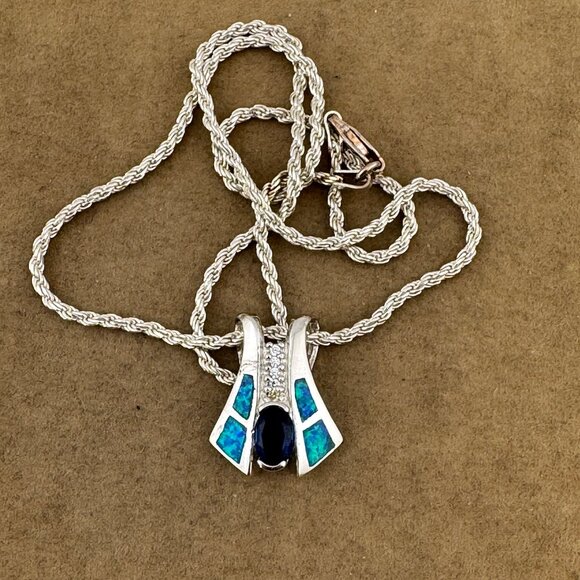 For My Love Sterling Silver Sapphire Opal Pendant 925 Silver Rope Necklace - Picture 5 of 5